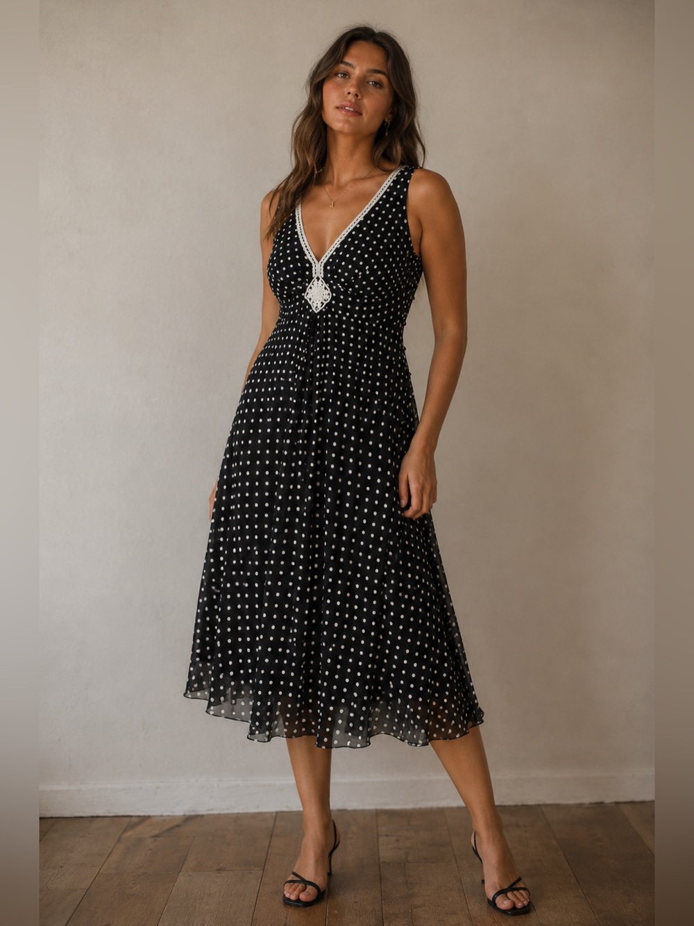 Jonathan Martin Black and White Faceted Side Button Polka Dot Midi Dress fairy